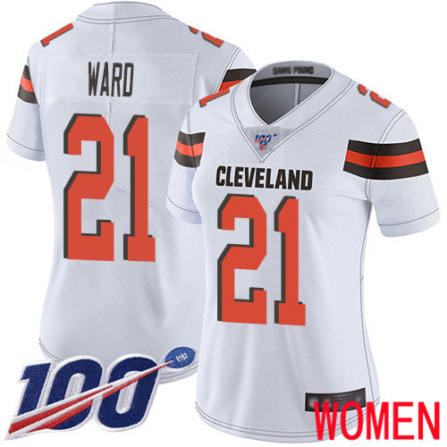Cleveland Browns Denzel Ward Women White Limited Jersey #21 NFL Football Road 100th Season Vapor Untouchable->women nfl jersey->Women Jersey